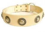 Exclusive White Leather Dog Collar with Silvery Circles