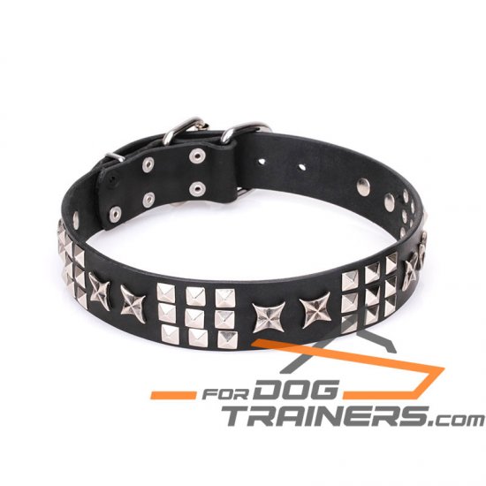 'Celestial Radiance' Decorated Leather Collar for Dog with Chrome Plated Smooth Pyramids and Old Silver-Like Stars - Click Image to Close