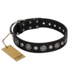 "Vintage Elegance" FDT Artisan Black Leather Collar with Engraved Brooches and Studs