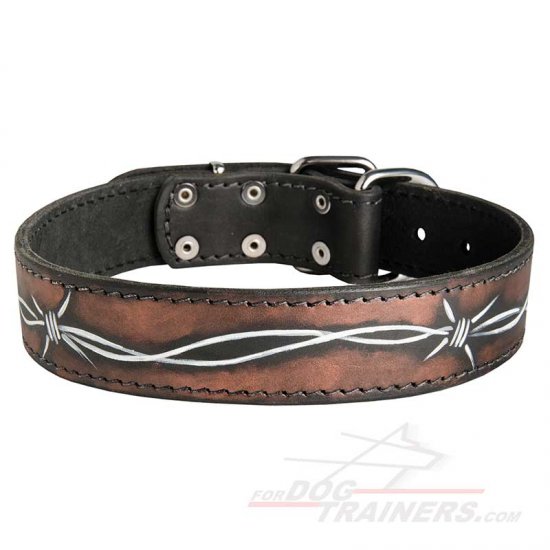 Top Quality Leather Dog Collar with Handpainted Barbed Wire