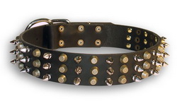 Fashion Leather Dog Collar with 3 Rows of Spikes and Pyramids