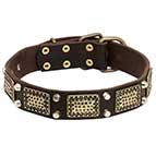 Stylish Leather Dog Collar with Massive Plates and Pyramids for Training/Walking