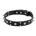"Jolly Roger" Leather Dog Collar with Skulls and 2 Rows of Spikes