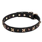 'Four Cornered Stars' Leather Dog Collar with Old Bronze-plated Decoration