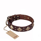 ‘Golden Square’ FDT Artisan Brown Leather Dog Collar with Large Squares - 1 1/2 inch (40 mm) wide