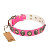 "Two Extremes" FDT Artisan Pink Leather Dog Collar with Elegant Conchos and Medallions with Skulls