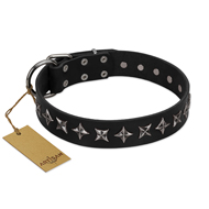 "Lights-out" FDT Artisan Black Leather Dog Collar with Silver-like Set of Stars