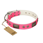 'Fashion Skulls' FDT Artisan Pink Leather Dog Collar with Old Silver Look Plates and Skulls - 1 1/2 inch (40 mm) wide