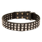 Wide Leather Dog Collar with 3 Rows of Nickel-plated Pyramids