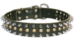 30%Discount-S60 - Leather Dog Collar with 2 Rows Spikes+1 Row Studs