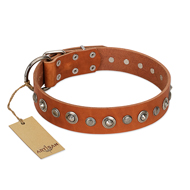 "Gorgeous Roundie" FDT Artisan Tan Leather Dog Collar with Chrome-plated Circles - 1 1/2 inch (40 mm) wide
