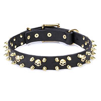 'Hard Spikes’n’Skulls' Leather Dog Collar with Brass Hardware 1 inch (25 mm) Wide