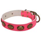 Pink Leather Collar with Oval Vintage Plates for Training Female Dogs