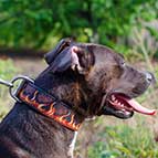 Handpainted Leather Pitbull Collar with Red Fire Flames