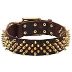 'Pricky Pet' Leather Dog Collar with Brass-Plated Spikes Set in Waves