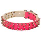 Pink Leather Dog Collar with Nickel Spikes for Daily Walking
