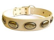 White Leather Dog Leather Collar with Elegant Decor