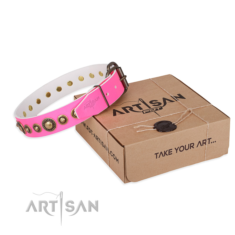 'Pink Gloss' FDT Artisan Leather Dog Collar with OldBronze Plated