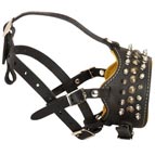 Nappa Padded Leather Dog Muzzle Decorated with Spikes and Studs