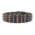 Extra Wide Leather Studded Dog Collar with 4 Columns of Spikes and Half Balls